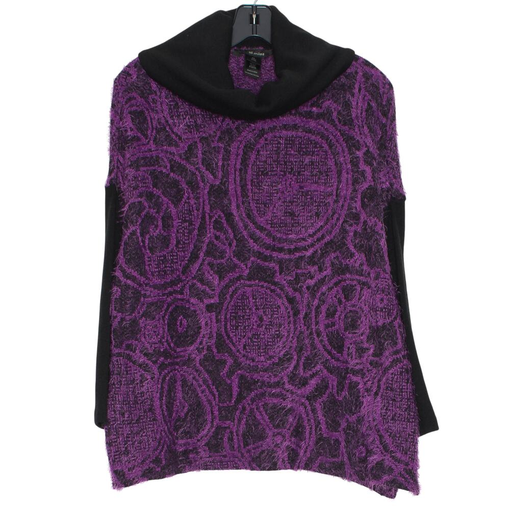 Ali Miles Cowl Neck Sweater Eyelash Fuzzy Black Purple Abstract Artsy Boho PS
